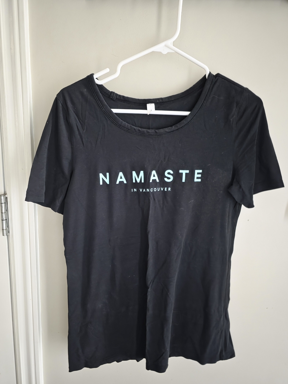 lululemon athletica Black Tee with Light Blue Namaste Graphic